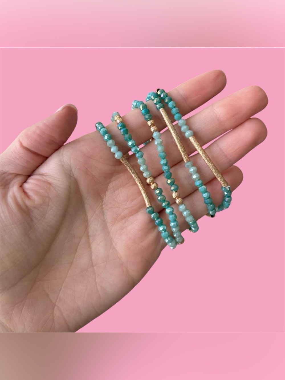 Gold and Teal Beaded Stretch Bracelet Set - Women Jewelry